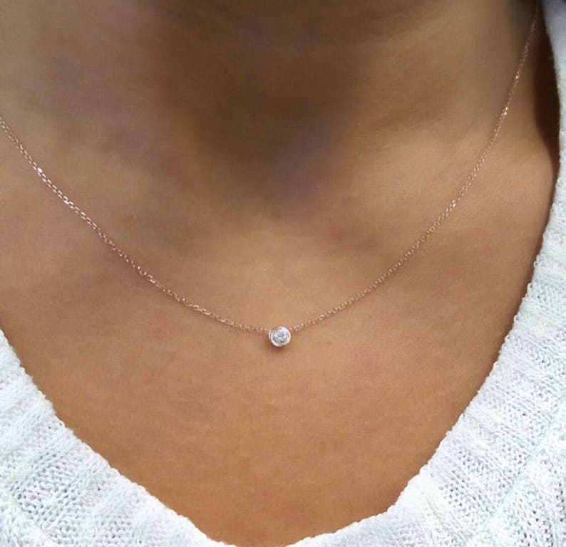 Diamond Necklace / 14k Rose Gold Solitaire Diamond Necklace / Diamond Bezel Necklace / Minimalist Diamond Necklace / Dainty Diamond / Gift image 9