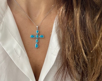 Turquoise Cross Pendant / Silver Large Turquoise Cross Necklace / Turquoise Cross Necklace / Large Cross Necklace / Layering Cross Necklace