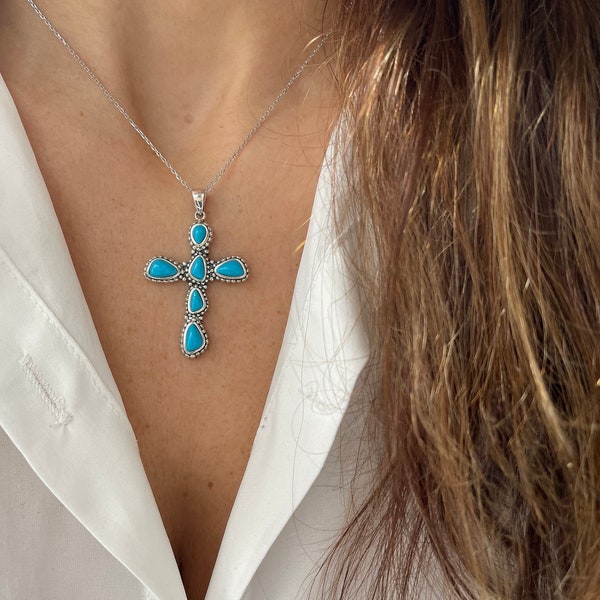 Pendentif croix turquoise / grand collier croix turquoise en argent / collier croix turquoise / grand collier croix / superposition de collier croix