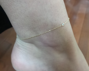 Diamond Ankle Bracelet / 14k Gold Solitaire Diamond Ankle Bracelet / Diamond Bezel Anklet / Minimalist Diamond Ankle Bracelet