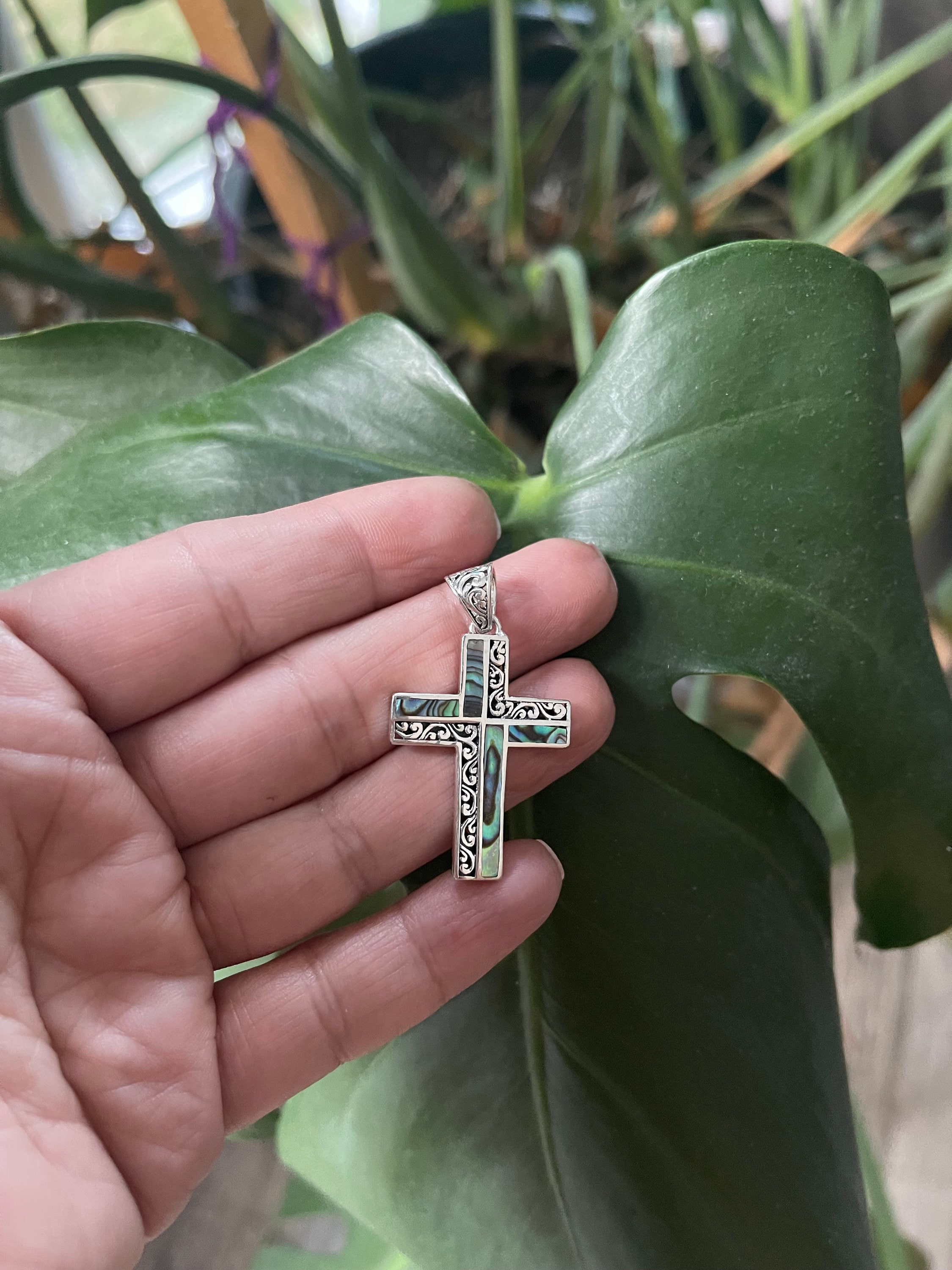 Black Mother of Pearl Cross Pendant / Pearl Cross Necklace