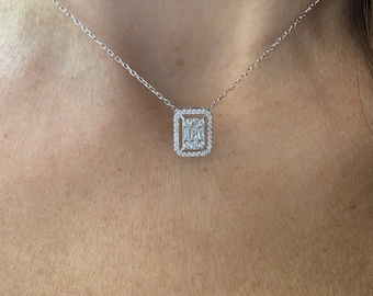 Baguette Diamond CZ Necklace / Diamond Baguette Round Cz Necklace / Silver Diamond Cz Necklace