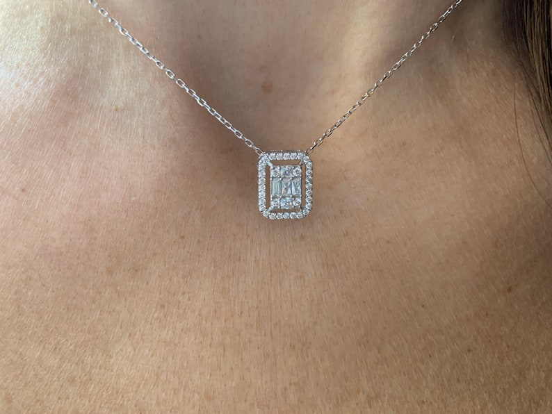 Baguette Diamond CZ Necklace / Gold Diamond Baguette Round Cz Necklace / Silver Diamond Cz Necklace image 6