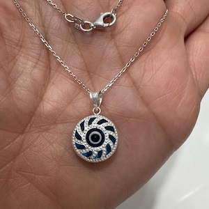 Sterling Silver Evil Eye Pendant Necklace: Handmade Charm (12.8 mm)