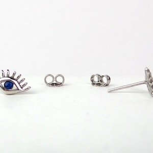 Dainty Sterling Silver Evil Eye Studs: Blue CZ Earrings
