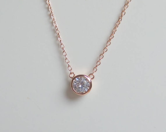 Solitaire Necklace Rose Gold Plated / CZ Solitaire Pendant / | Etsy
