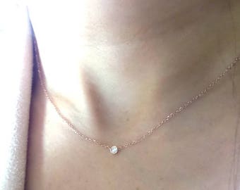 Diamond Necklace / 14K Rose Gold Diamond Necklace / Diamond Bezel Necklace / Minimalist Necklace / Dainty Diamond / Bridal Necklace