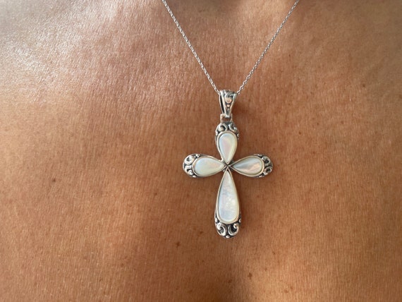 Sterling Silver Two Crosses with Mother of Pearl Necklace Sterling Silver Two Crosses with Mother of Pearl Necklace