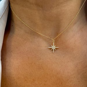 Diamond CZ North Star Necklace: Gold Starburst Charm, Sterling Silver