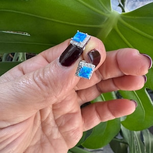 Blue Opal Earring / Dainty Blue Opal Earring / Dainty Opal Earrings / Halo Opal Earrings / Sterling Silver Square Opal Earrings
