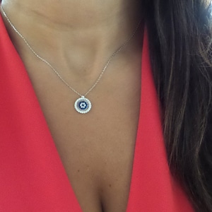 Sterling Silver Evil Eye Necklace: Round CZ Protection Amulet