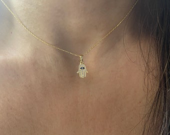 CZ Hamsa Necklace: Sterling Silver 925 Gold Hand of Fatima Pendant