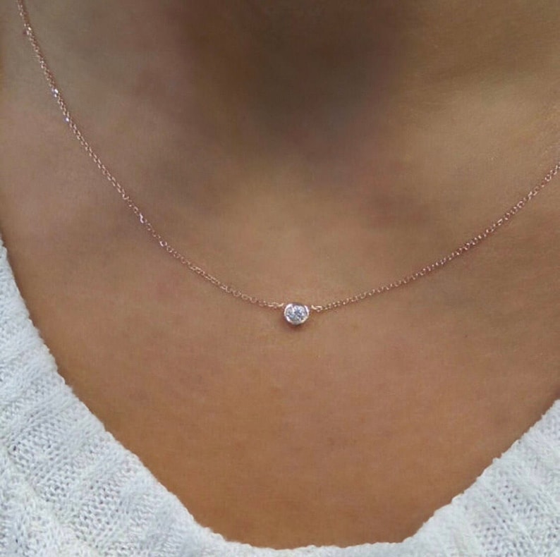 Diamond Necklace / 14k Rose Gold Solitaire Diamond Necklace / Diamond Bezel Necklace / Minimalist Diamond Necklace / Dainty Diamond / Gift image 10