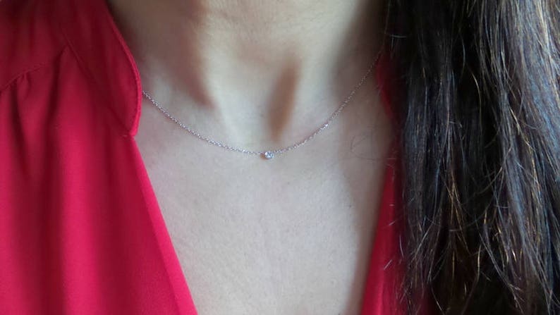 Diamond Necklace / 14k Gold Diamond Necklace / Floating Diamond Necklace / Solitaire Diamond Necklace / Diamond Bezel Necklace / Dainty imagem 6