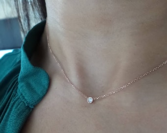 Diamond Necklace / 14k Rose Gold Solitaire Diamond Necklace / Diamond Bezel Necklace / Minimalist Diamond Necklace / Dainty Diamond / Gift