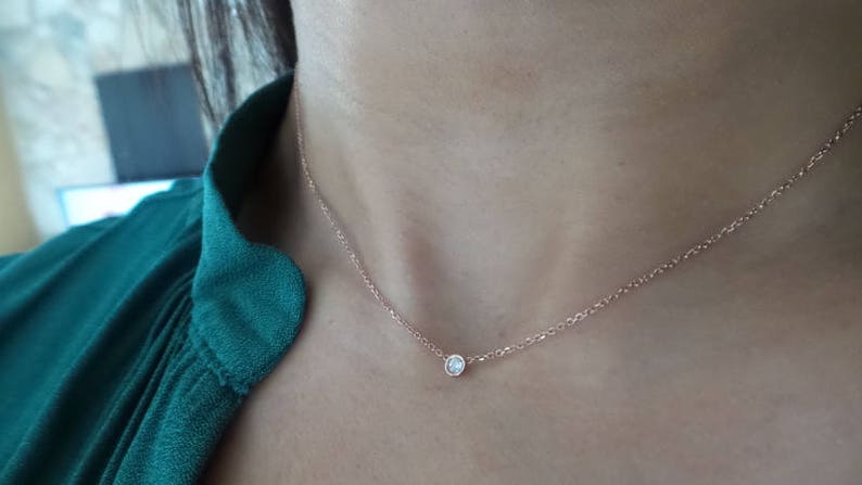 Diamond Necklace / 14k Rose Gold Solitaire Diamond Necklace / Diamond Bezel Necklace / Minimalist Diamond Necklace / Dainty Diamond / Gift image 1