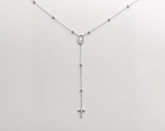 Collar rosario: Cruz de circonita cúbica, medallón de la Virgen María, collar religioso