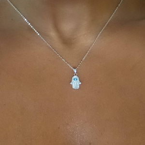 Sterling Silver Hamsa Necklace: Cubic Zirconia Hand of God Pendant
