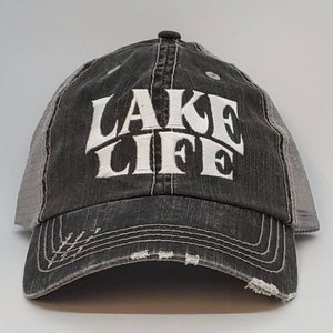 Lake Life, low profile distressed cap with silver gray mesh