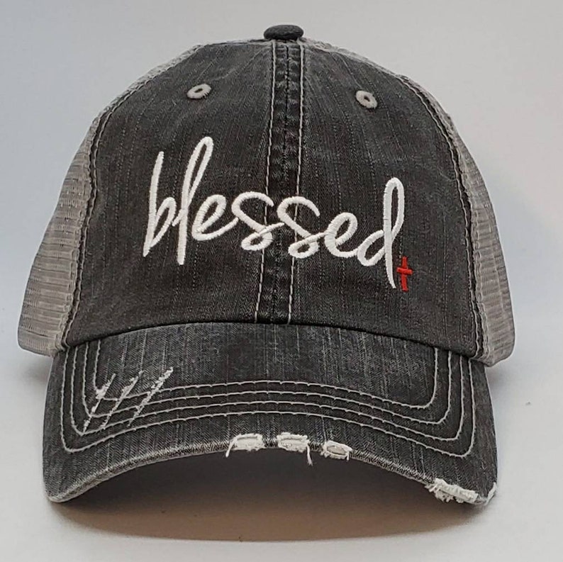 Blessed, religion, low profile hat, mesh hat, black hat, distressed hat