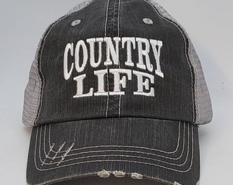 Country Life, low profile distressed black cap with silver gray mesh