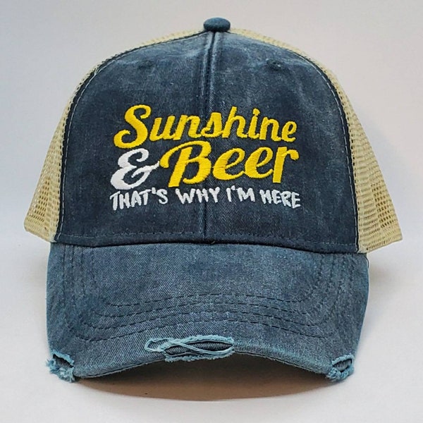 Sunshine and Beer, distressed trucker hat, party hat, beach hat, beer, sunshine, trucker hat, custom hat