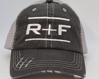 Rodan and Fields, hat, R+F, cap, trucker hat, womens hat, mesh hat,, mesh, black, distressed, RF