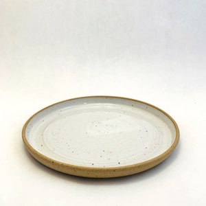 May include: A white ceramic plate with a speckled glaze and a brown rim.