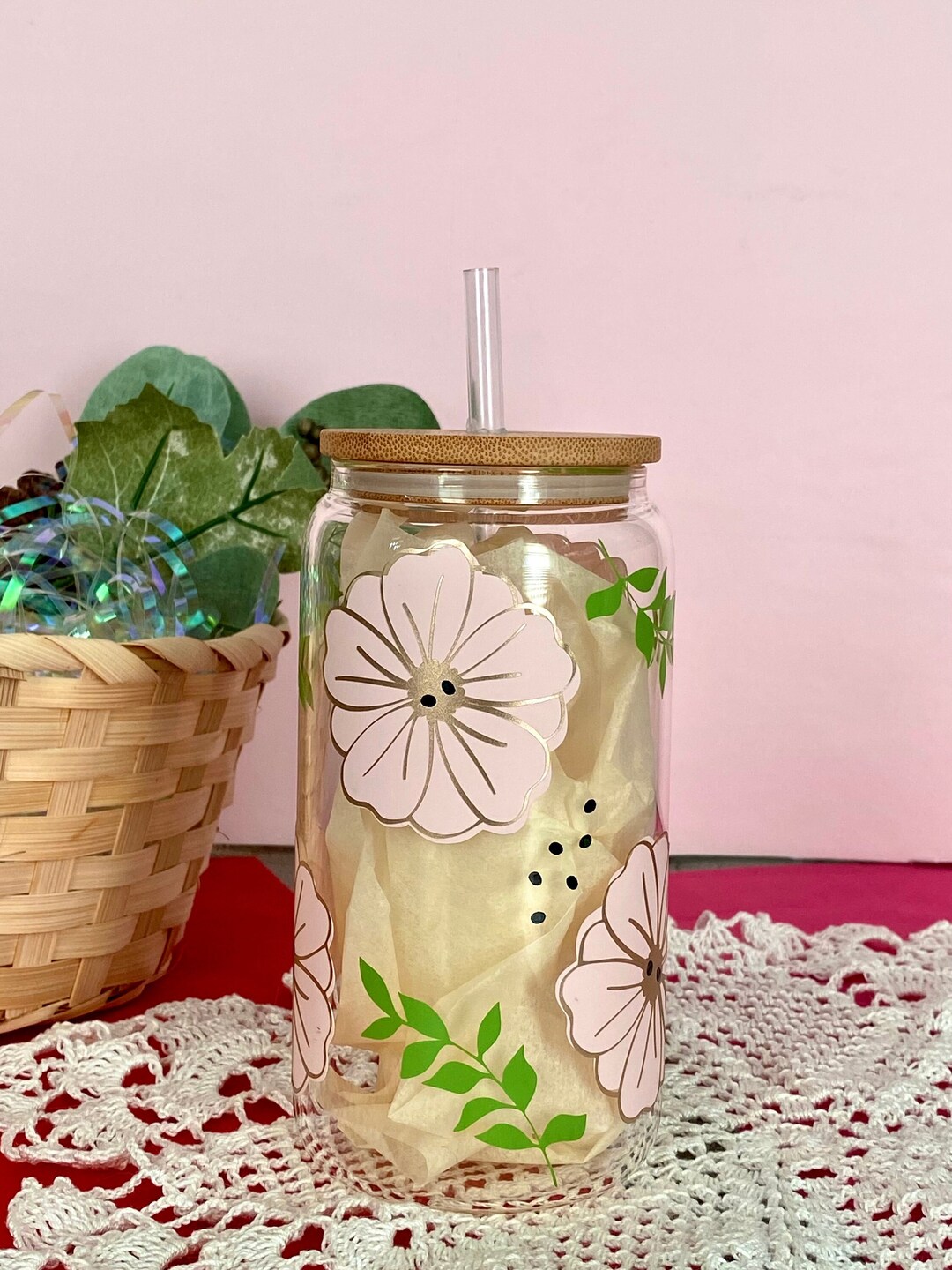 Floral Iced Coffee Glass Cup With Bamboo Lid and Straw Clearance Sale ...