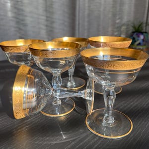 Tiffin Franciscan Minton Gold Rim Floral Scrollwork Optic Panel Glasses (4 oz capacity, set of 6)