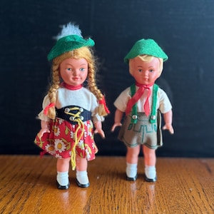 Celluloid Bavarian Girl and Boy Dolls, Oktoberfest Dolls, Collectible Cultural World Doll