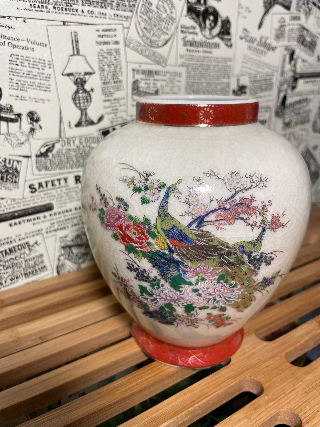 Satsuma Japanese Peacock Vase Etsy