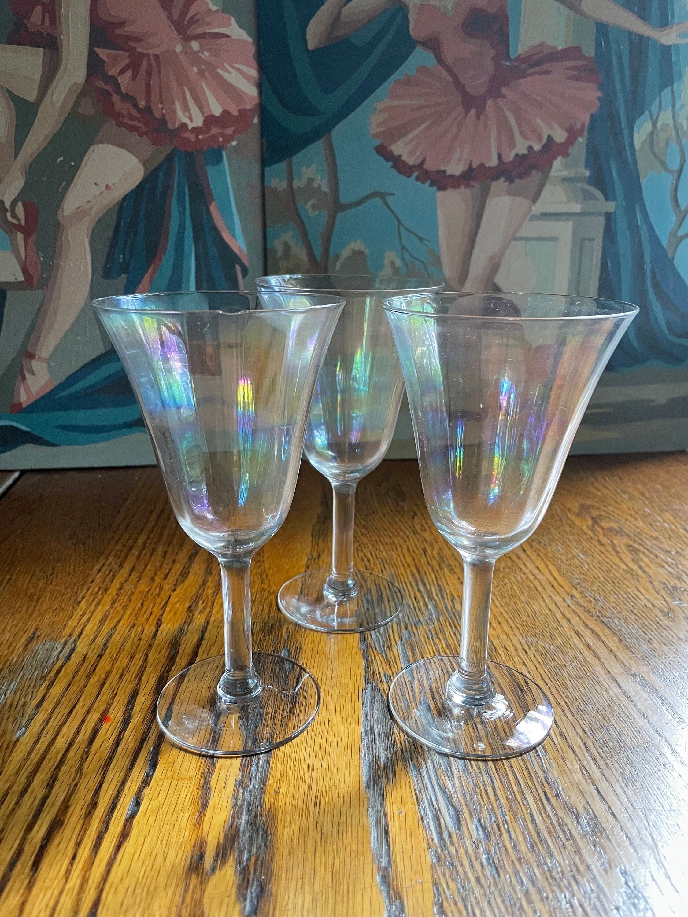 Set (12) Vintage Hand Blown Iridescent Luster Tulip Wine Glasses