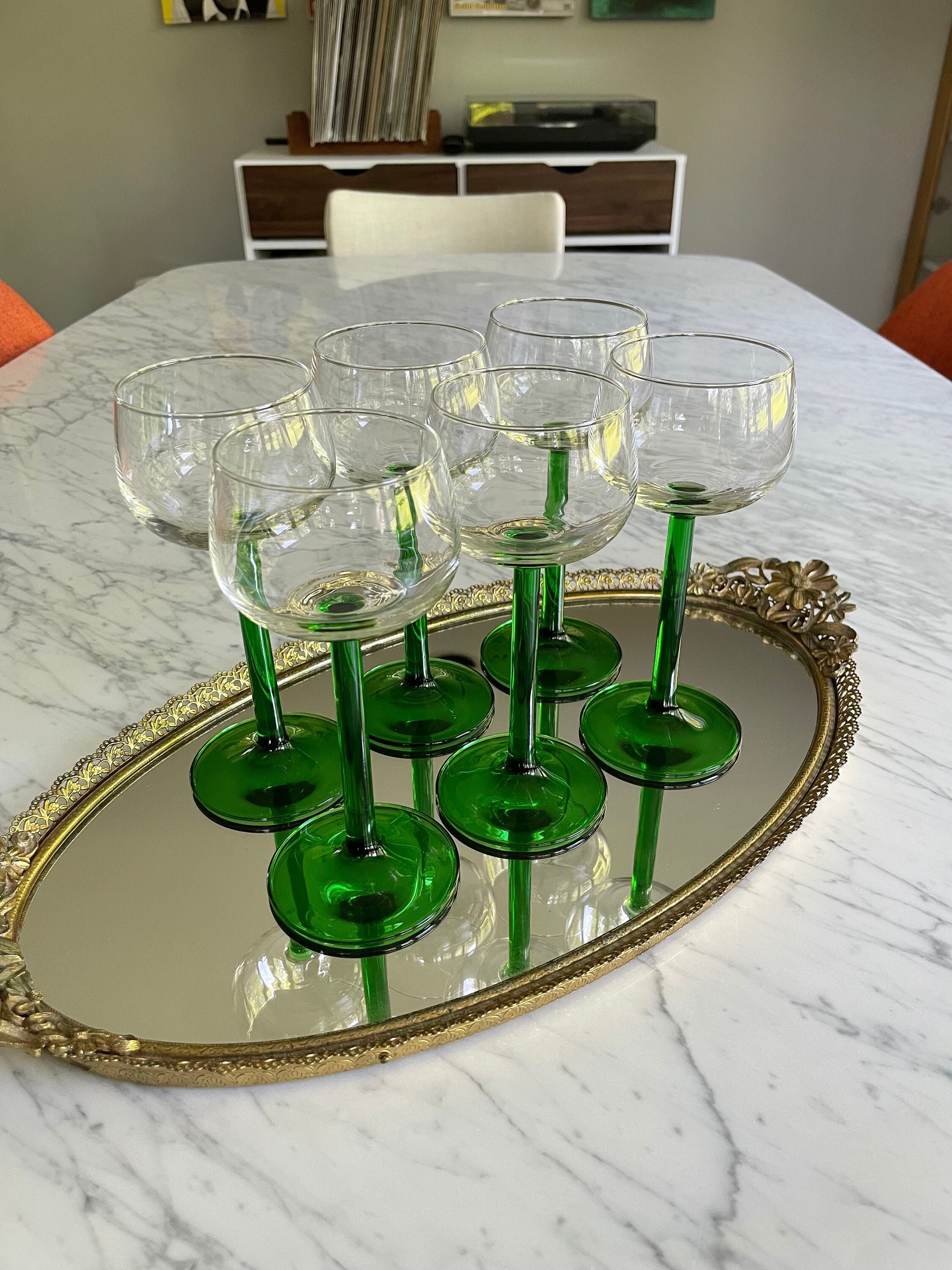 Vintage Green Stem Wine Glasses Luminarc Crystal Glassware retro Stemware  Midcentury French Barware 60s