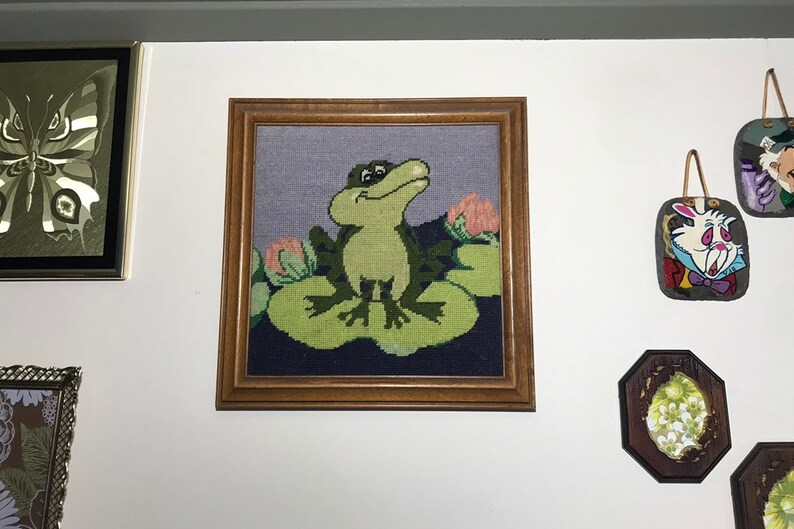 Kitschy Frog Needlepoint Wall Hanging