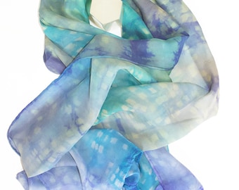 Hand dyed Silk Neck Scarf, 6 mm Silk Chiffon, Hand sewn, Snow Bird