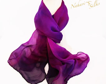 Hand dyed Silk Neck Scarf, 6 mm Silk Chiffon, Hand sewn, Plumska