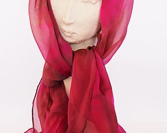 Hand dyed Silk Neck Scarf, 6 mm Silk Chiffon, Hand sewn, Hot Red Pink