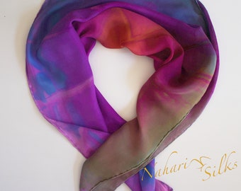 Hand dyed Silk Neck Scarf, 6 mm Silk Chiffon, Hand sewn, Orange Sunrise