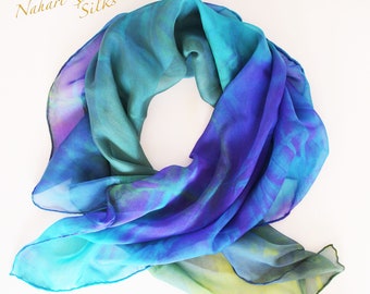 Hand dyed Silk Neck Scarf, 6 mm Silk Chiffon, Hand Sewn, Sea Life