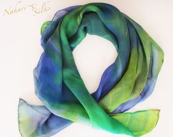 Hand dyed Silk Neck Scarf, 6 mm Silk Chiffon, Hand Sewn, Monet Water