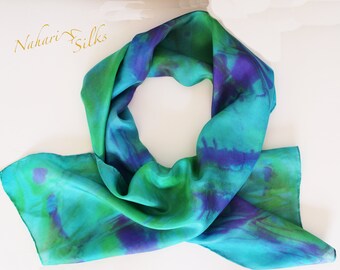 Hand dyed Silk Neck Scarf, 6 mm Silk Chiffon, Hand sewn, Periwinkle Green