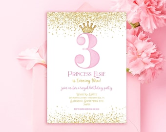 THREE year old Princess Birthday Party Invitation, Edit in CANVA, Pink and Gold Princess Invite, Birthday Invite, Digital Download