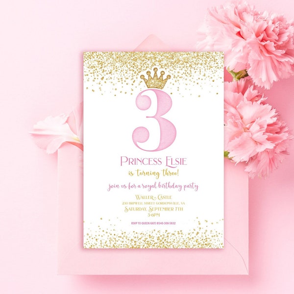 THREE year old Princess Birthday Party Invitation, Edit in CANVA, Pink and Gold Princess Invite, Birthday Invite, Digital Download