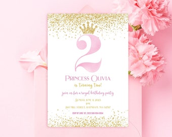 TWO year old Princess Birthday Party Invitation, Edit in CANVA, Pink and Gold Princess Invite, Birthday Invite, Digital Download