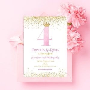 FOUR year old Princess Birthday Party Invitation, Edit in CANVA, Pink and Gold Princess Invite, Birthday Invite, Digital Download