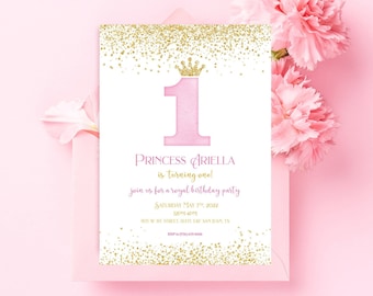 ONE year old Princess Birthday Party Invitation, Edit in CANVA, Pink and Gold Princess Invite, Birthday Invite, Digital Download