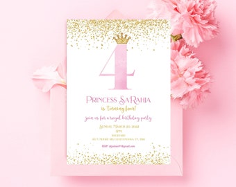 FOUR year old Princess Birthday Party Invitation, Edit in CANVA, Pink and Gold Princess Invite, Birthday Invite, Digital Download