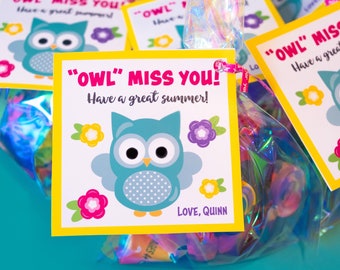 Owl Miss You, Summer Break Gift Tag Template, Teacher Student School Gift Tag, Last Day of School, Teacher tag, Editable File, Printable