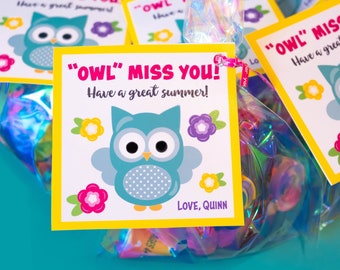 PRINTED Owl Miss You, Summer Break Gift Tag Template, Teacher Student School Gift Tag, Last Day of School, Teacher tag, Summer Vacay